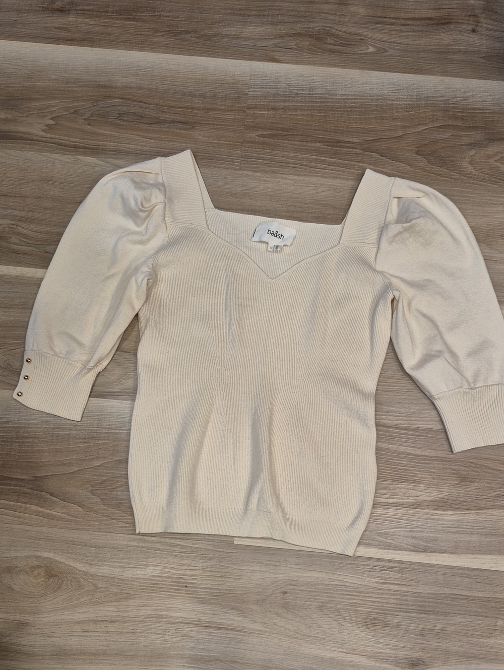 ba&sh Cream V-Neck Puff Sleeve Knit Top